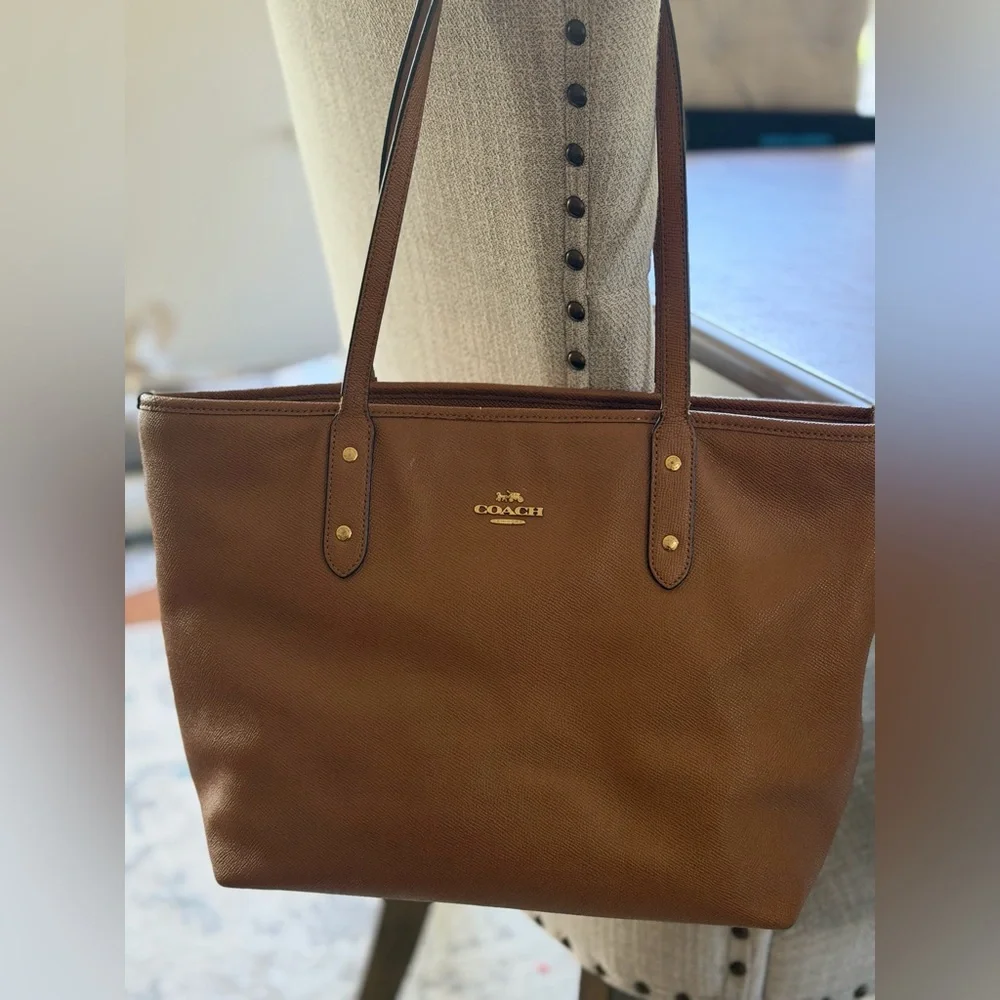 COACH Brown Pebbled Leather Tote with Gold Logo